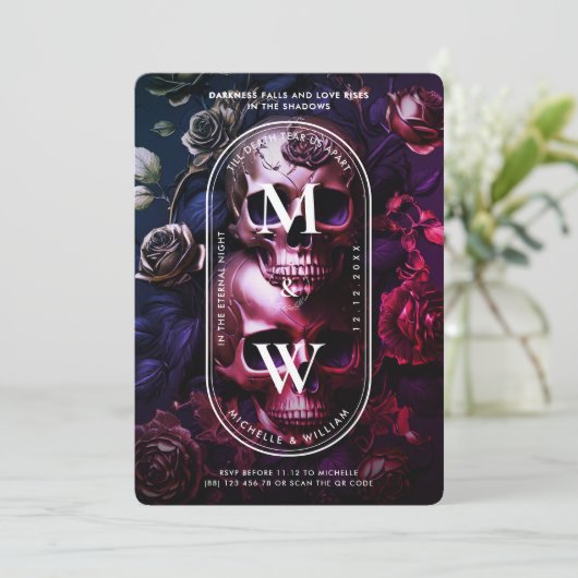 Invitation Mariage gothique Elégant Red Gold Roses crâne (Debout devant)