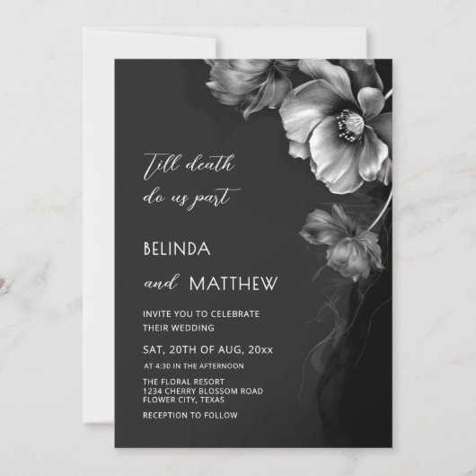 Invitation Mariage gothique Fleurs Noir Blanc et Argentées  (Devant)