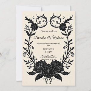Invitation Mariage gothique floral à l'encre noire vintage