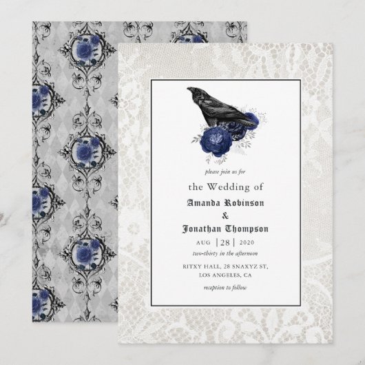 Invitation Mariage gothique floral et dentelle (Devant / Derrière)