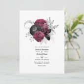 Invitation Mariage gothique floral marsala, noir et argent (Debout devant)