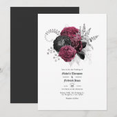 Invitation Mariage gothique floral marsala, noir et argent (Devant / Derrière)