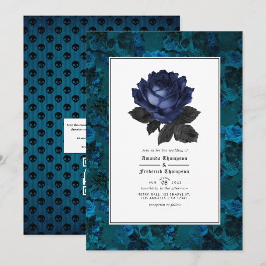 Invitation Mariage gothique floral noir et bleu avec QR Code (Devant / Derrière)