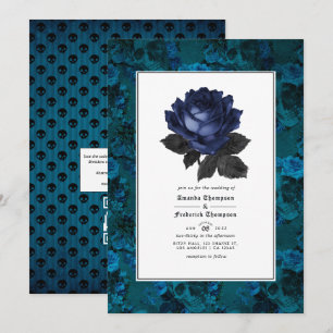 Invitation Mariage gothique floral noir et bleu avec QR Code