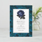 Invitation Mariage gothique floral noir et bleu avec QR Code (Debout devant)