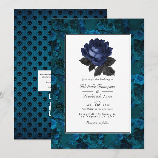 Invitation Mariage gothique floral noir et bleu avec QR Code (Devant / Derrière)
