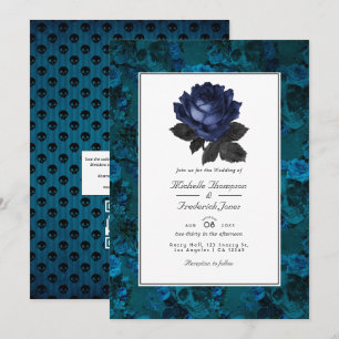 Invitation Mariage gothique floral noir et bleu avec QR Code