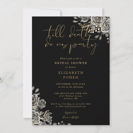 Invitation Mariage gothique floral noir et or (Devant)