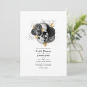 Invitation Mariage gothique Floral Noir et Or QR Code Invit (Debout devant)