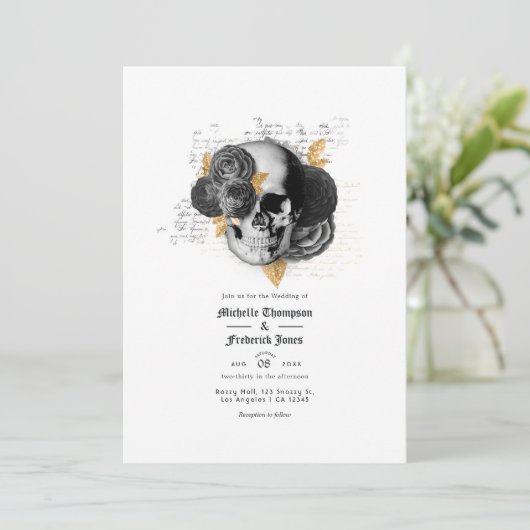 Invitation Mariage gothique Floral Noir et Or QR Code Invit (Debout devant)