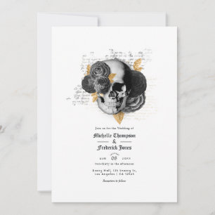 Invitation Mariage gothique Floral Noir et Or QR Code Invit