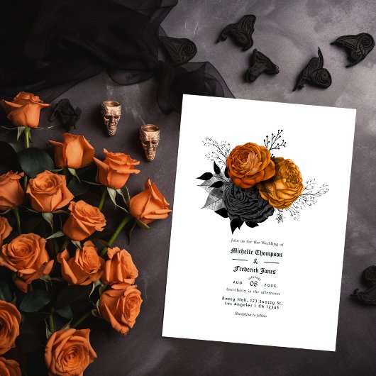 Invitation Mariage gothique floral noir et orange