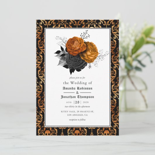Invitation Mariage gothique Floral Noir et Orange Photo Invit (Debout devant)