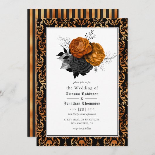 Invitation Mariage gothique Floral Noir et Orange Photo Invit (Devant / Derrière)