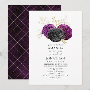 Invitation Mariage gothique floral noir, violet et or