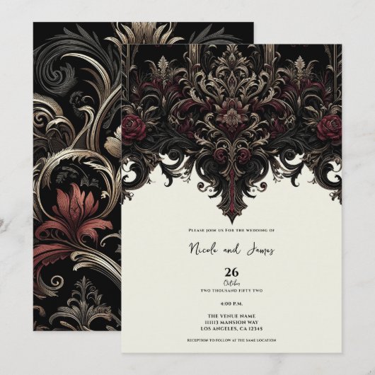 Invitation Mariage gothique floral orné élégant (Devant / Derrière)
