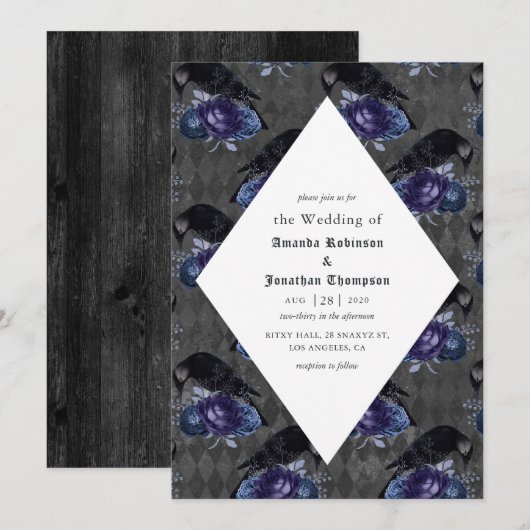 Invitation Mariage gothique floral rustique corbeau (Devant / Derrière)