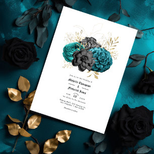 Invitation Mariage gothique floral sarcelle, noir et or