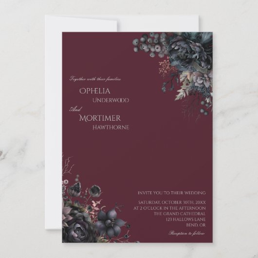 Invitation Mariage gothique foncé Floral Bourgogne (Devant)