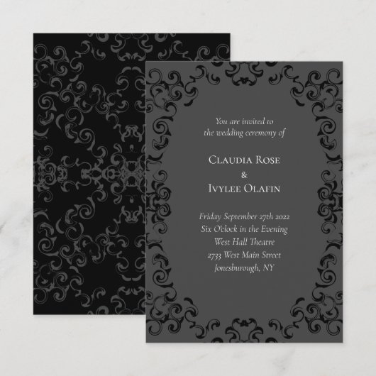 Invitation Mariage gothique gris et noir (Devant / Derrière)