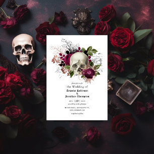 Invitation Mariage gothique Halloween Crâne Floral Marsala