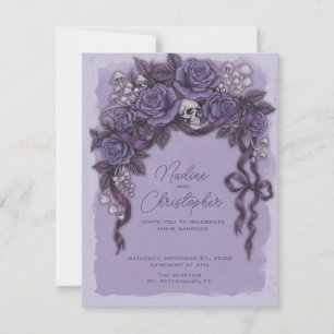 Invitation Mariage gothique lavande, Crâne et Roses