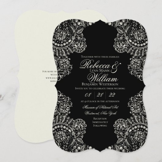 Invitation Mariage gothique noir blanc dentelle (Devant / Derrière)