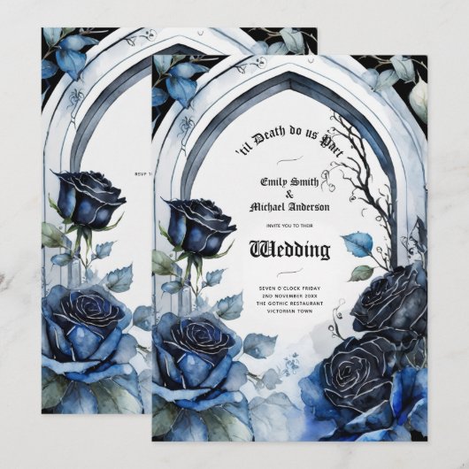 Invitation Mariage gothique Noir Bleu Rose Arch Alternative (Devant / Derrière)