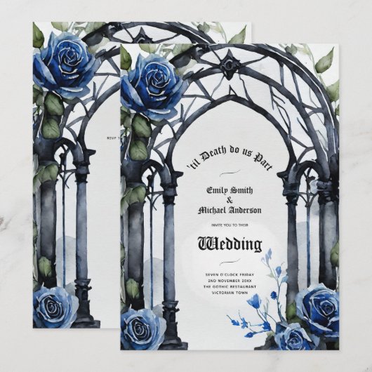 Invitation Mariage gothique Noir Bleu Rose Arch Alternative (Devant / Derrière)