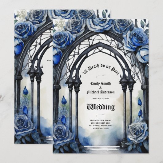 Invitation Mariage gothique Noir Bleu Rose Arch Alternative (Devant / Derrière)