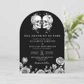 Invitation Mariage gothique noir et blanc de crânes tout en u (Debout devant)