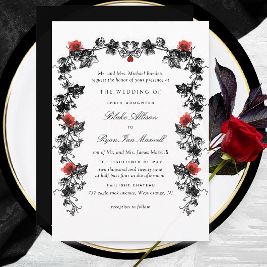 Invitation Mariage gothique noir et rouge du Victoria