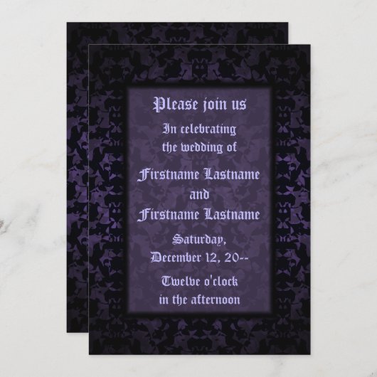 Invitation Mariage gothique noir et violet (Devant / Derrière)