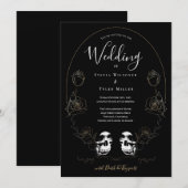 Invitation Mariage gothique noir floral à crâne de qualité su (Devant / Derrière)