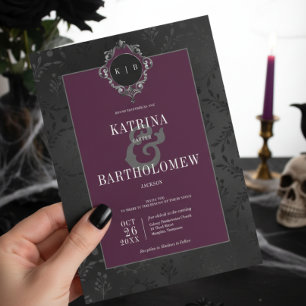 Invitation Mariage gothique noir floral satin damas vin