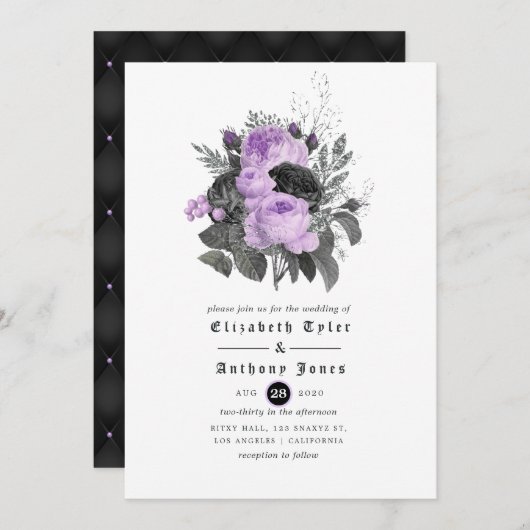 Invitation Mariage gothique noir violet et argenté (Devant / Derrière)