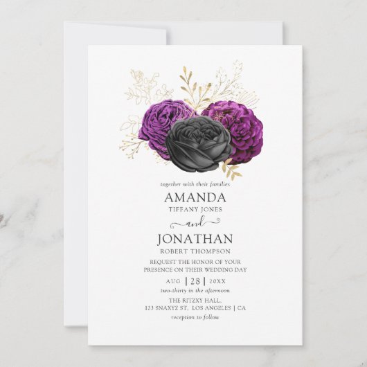 Invitation Mariage gothique noir violet et or (Devant)