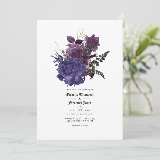 Invitation Mariage gothique noir violet or (Debout devant)