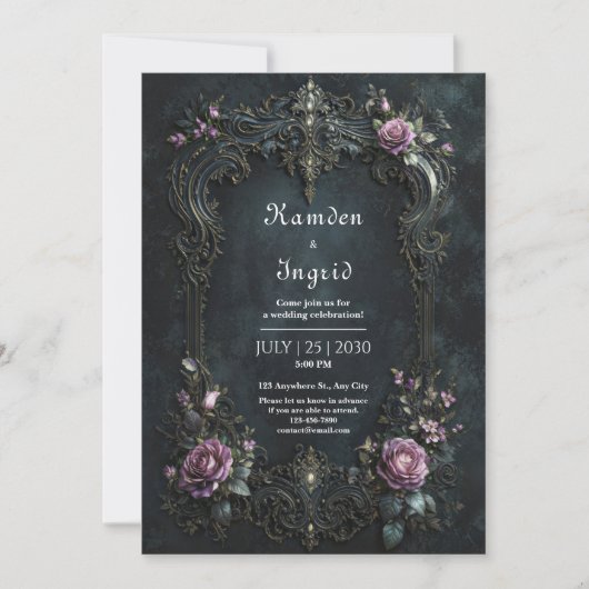 Invitation Mariage Gothique Orné Rose Pourpre Filigrane (Devant)
