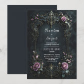 Invitation Mariage Gothique Orné Rose Pourpre Filigrane (Devant / Derrière)