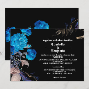 Invitation Mariage gothique rose bleu foncé et or