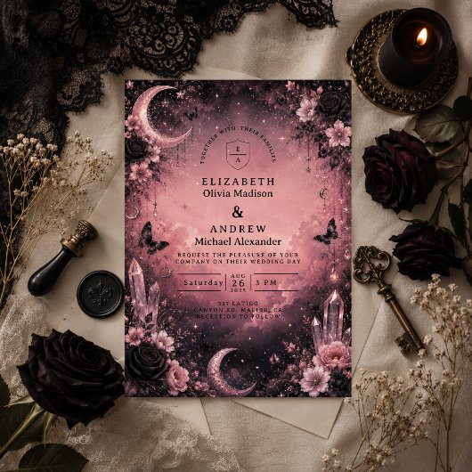 Invitation Mariage gothique rose enchanté