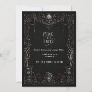 Invitation Mariage Gothique Rose Noire Crâne Coeur