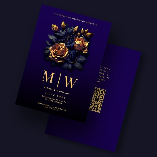 Invitation Mariage gothique Roses élégant bleu foncé or