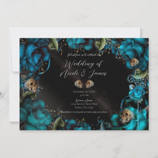 Invitation Mariage gothique Roses Turquoise Squelettes (Devant)