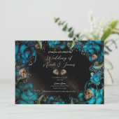 Invitation Mariage gothique Roses Turquoise Squelettes (Debout devant)