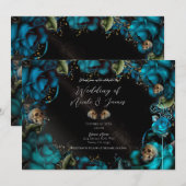 Invitation Mariage gothique Roses Turquoise Squelettes (Devant / Derrière)