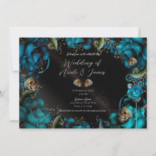 Invitation Mariage gothique Roses Turquoise Squelettes