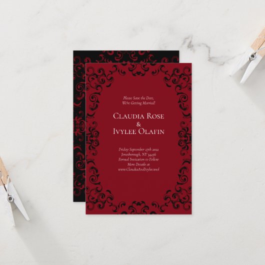 Invitation Mariage gothique rouge et noir Swirl Enregistrer l (Devant/Arrière en situation)