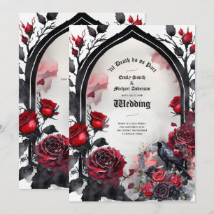 Invitation Mariage gothique Rouge noir Rose corbeau